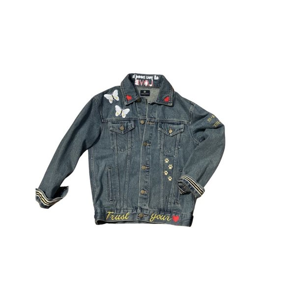 Jean Jacket Womens Small Blue Denim Medium Wash Button Front Custom Patches - Picture 6 of 10